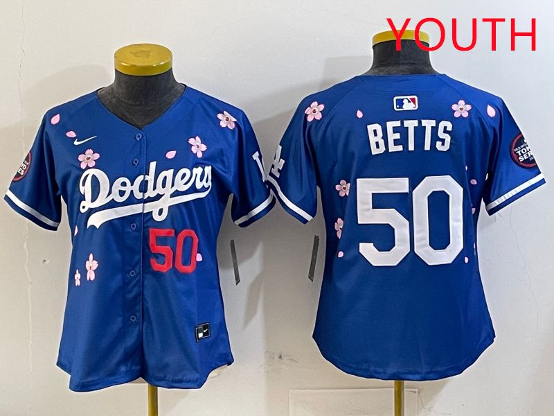 Youth Los Angeles Dodgers #50 Betts Blue Sakura Edition 2025 Nike MLB Jersey style 7->youth mlb jersey->Youth Jersey
